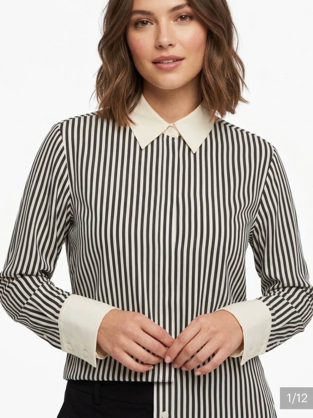 100% Silk Black & White Vertical Stripe Button-Down Shirt with Cream Collar